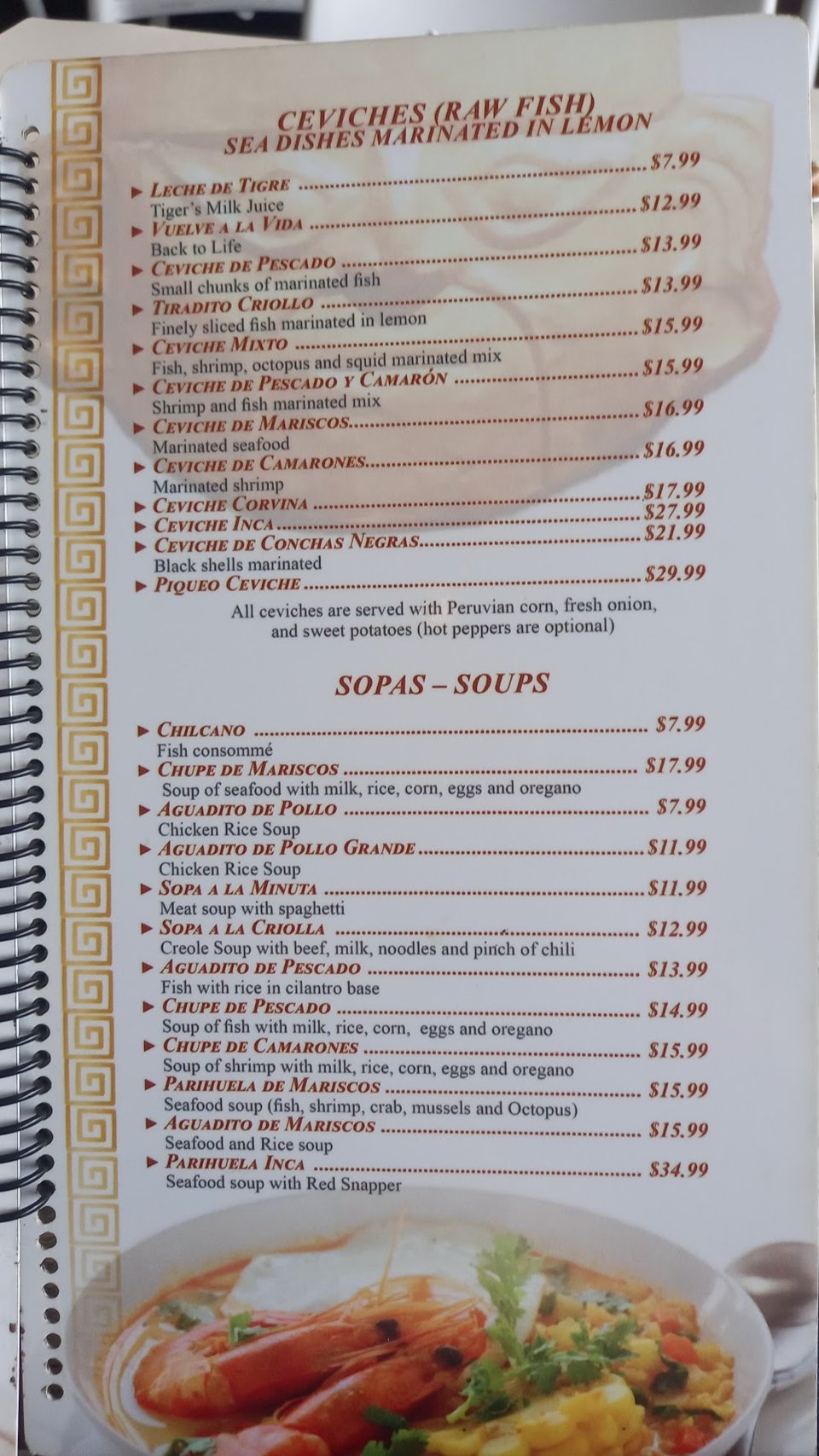 Menu page showing ceviche and meat dishes.